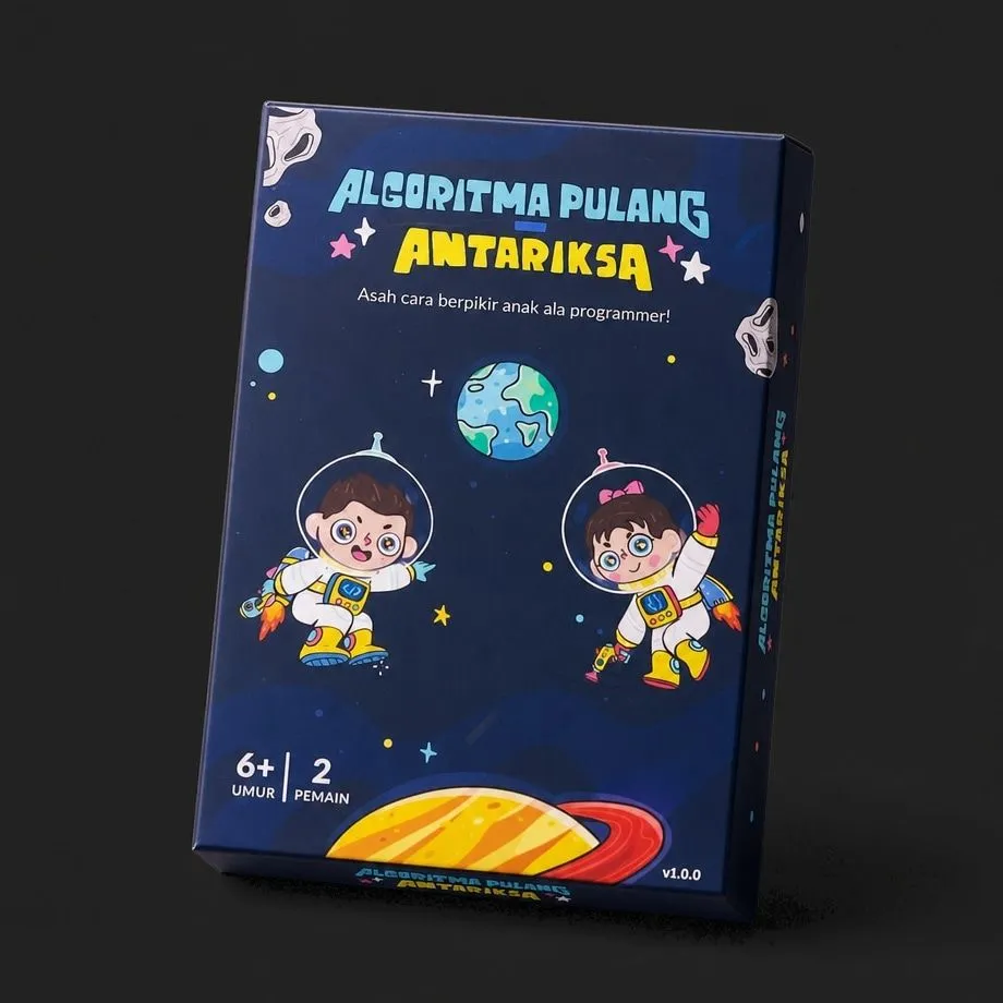 Kotak board game Algoritma Pulang Antartika di atas latar gelap.